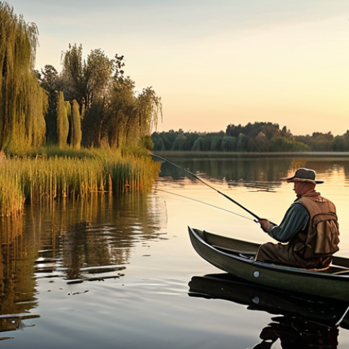 **A serene lakeside scene**: A Polish angler sits peacefully by a calm lake, float fishing with a long, classic float rod. The float is subtly bobbing on the water's surface, reflecting the soft light of the setting sun. The background features typical Polish lakeside vegetation like reeds and willows.