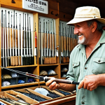 **

A fisherman proudly displaying a newly acquired spinning rod, found at half price during a promotional sale. The scene should depict a well-organized fishing shop with various rods and reels in the background. Focus on the joy of finding a bargain and the quality of the equipment.

**