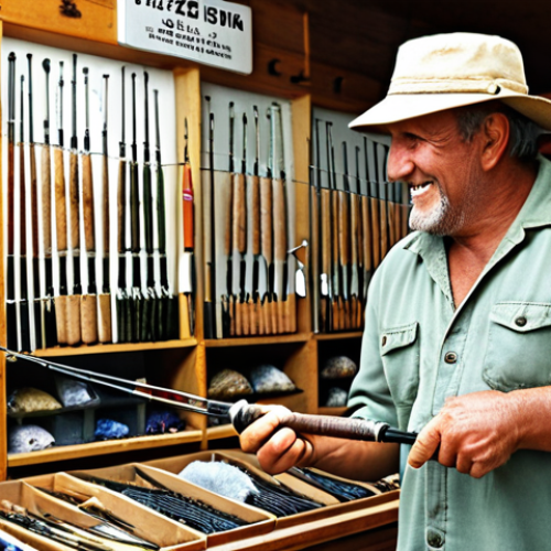 **

A fisherman proudly displaying a newly acquired spinning rod, found at half price during a promotional sale. The scene should depict a well-organized fishing shop with various rods and reels in the background. Focus on the joy of finding a bargain and the quality of the equipment.

**