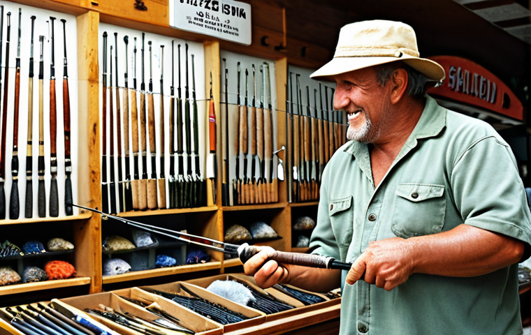 **

A fisherman proudly displaying a newly acquired spinning rod, found at half price during a promotional sale. The scene should depict a well-organized fishing shop with various rods and reels in the background. Focus on the joy of finding a bargain and the quality of the equipment.

**